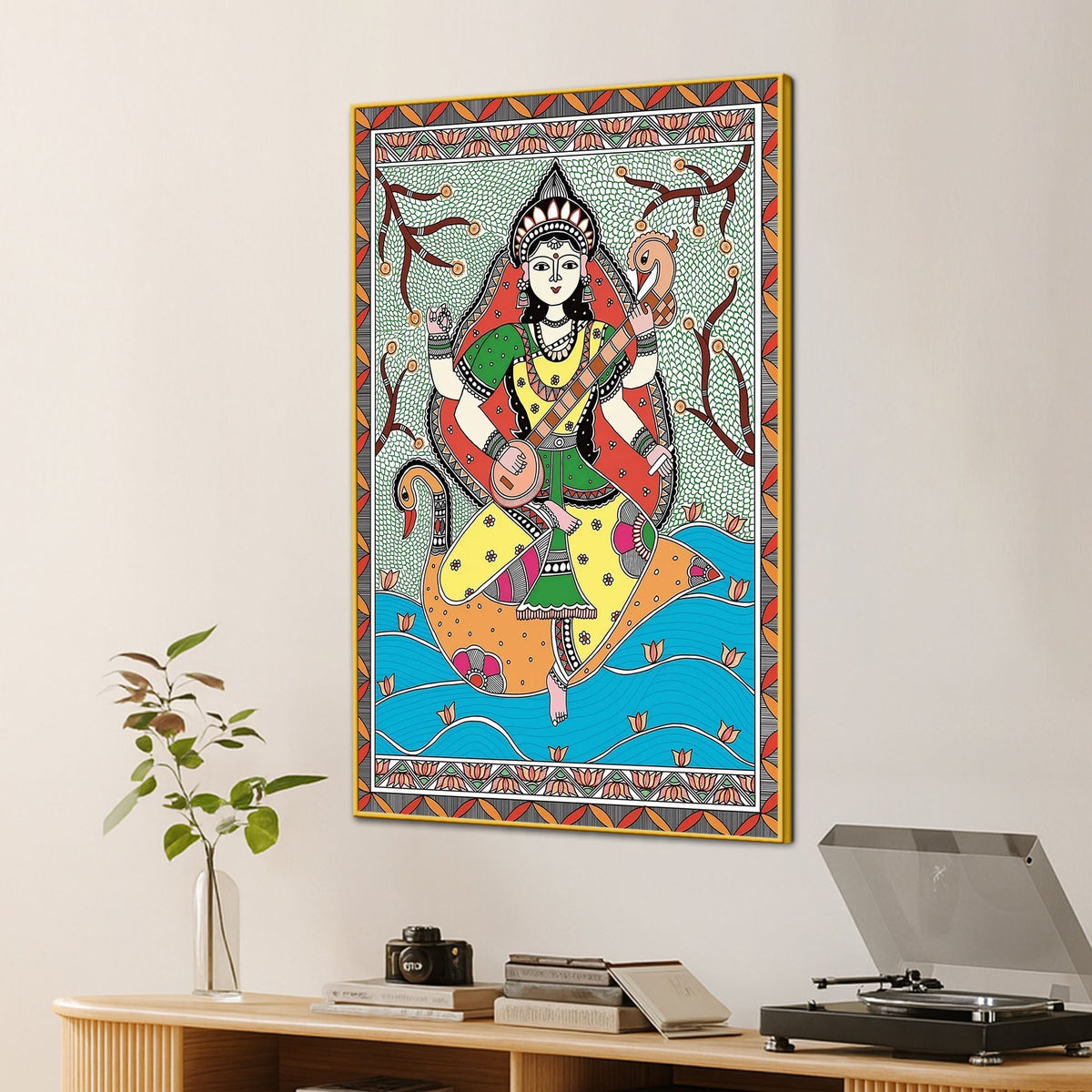 Traditional Madhubani Goddess Saraswati Canvas Painting