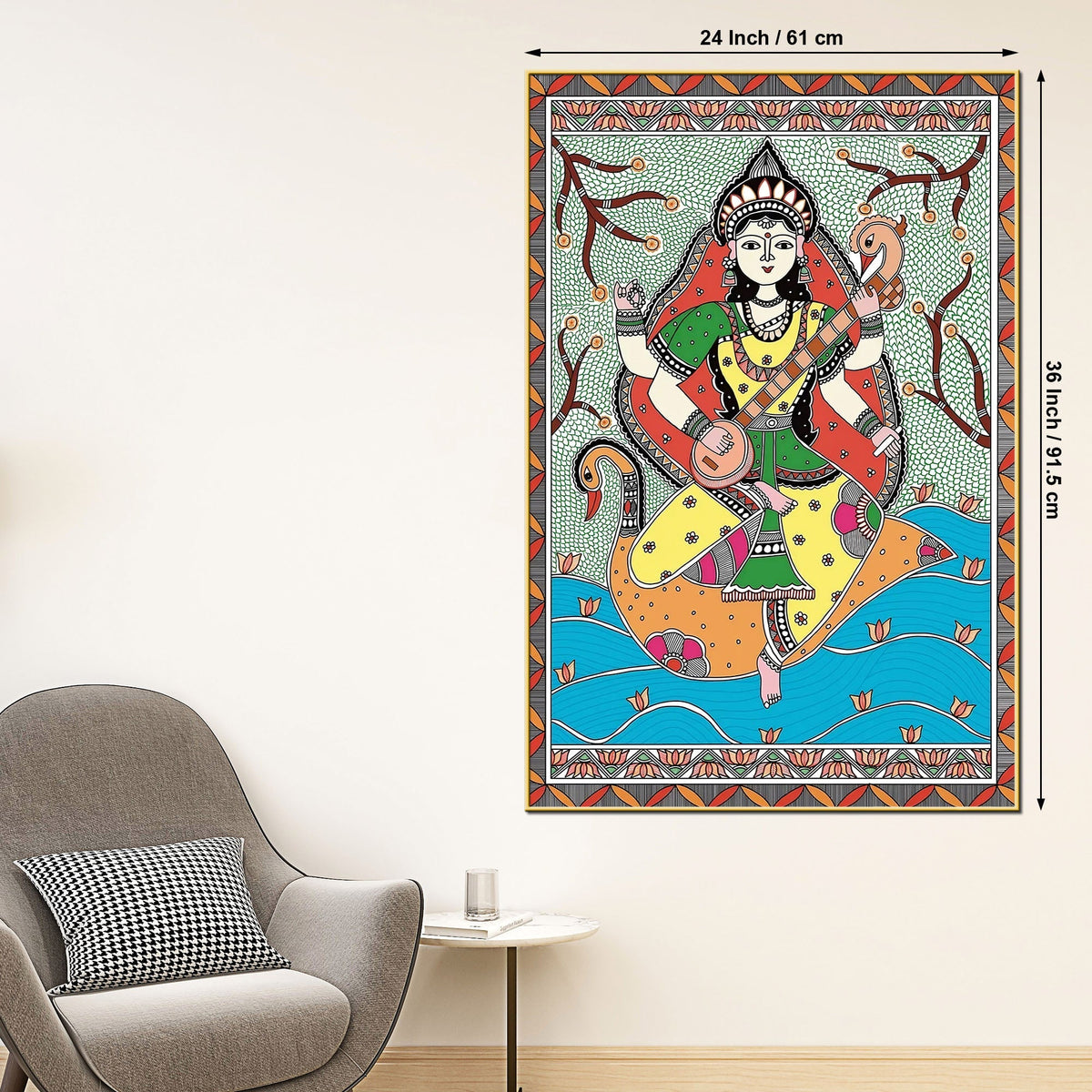 Traditional Madhubani Goddess Saraswati Canvas Painting