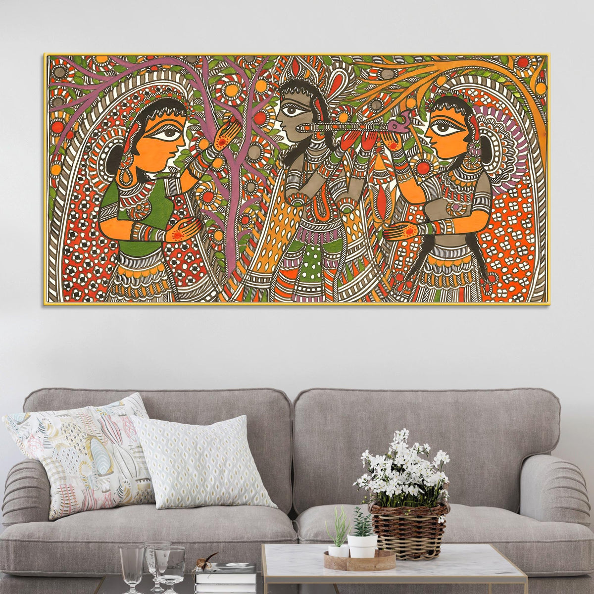 Traditional Madhubani Radha Krishna Canvas Wall Painting for Home Decor