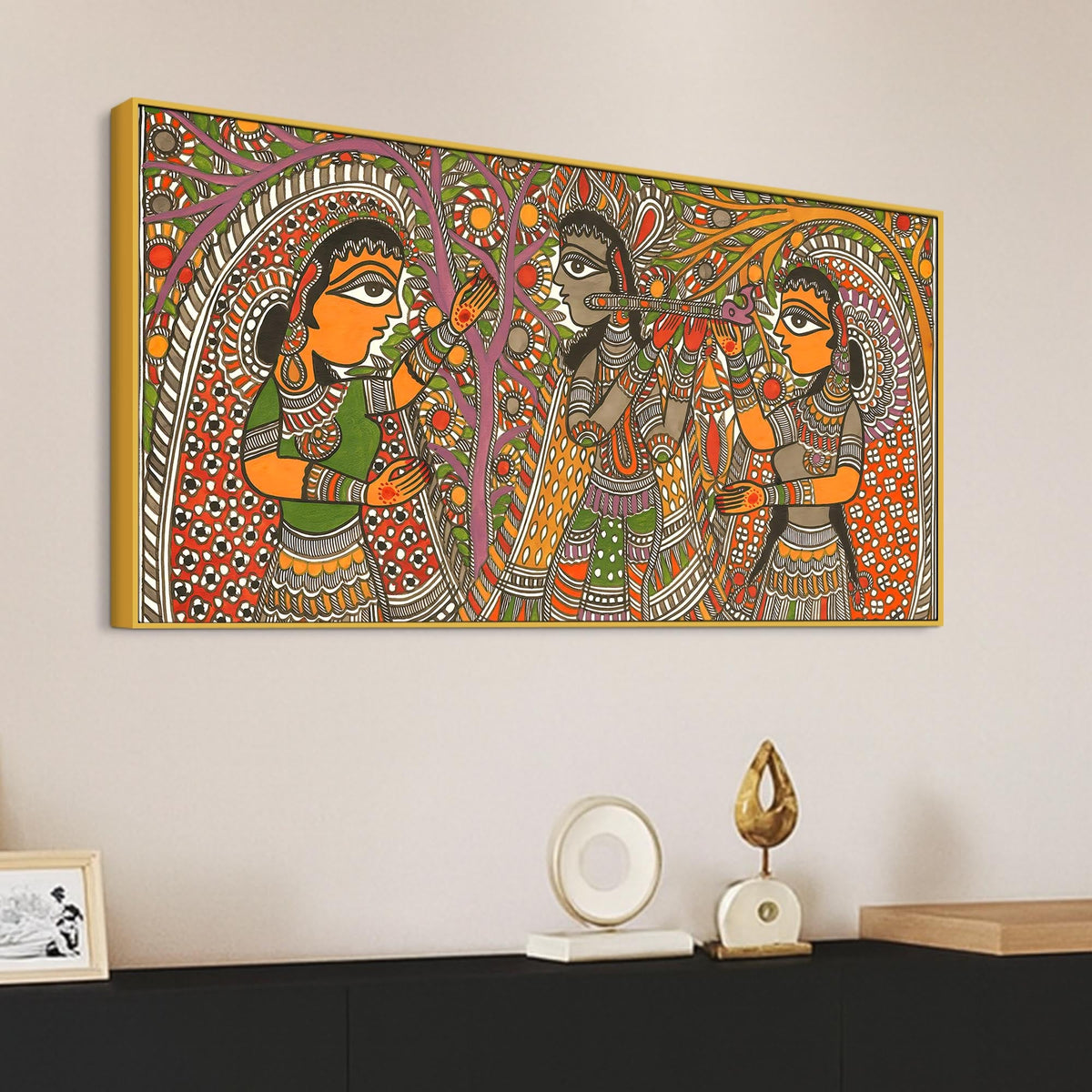 Traditional Madhubani Radha Krishna Canvas Wall Painting for Home Decor