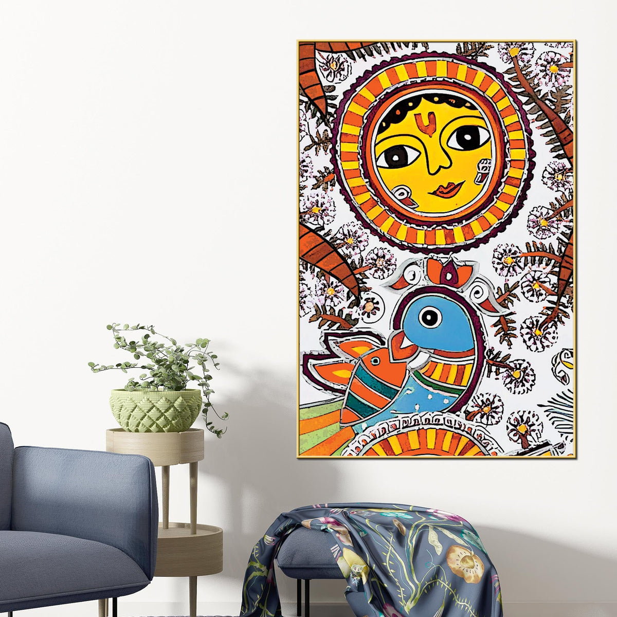 Traditional Madhubani Sun Canvas Painting | Home Wall Art