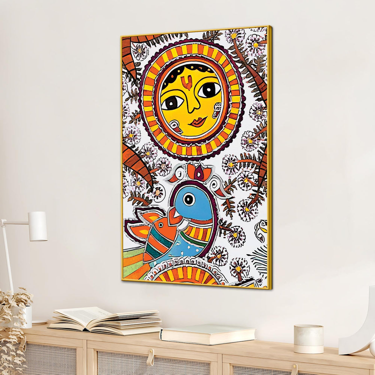 Traditional Madhubani Sun Canvas Painting | Home Wall Art