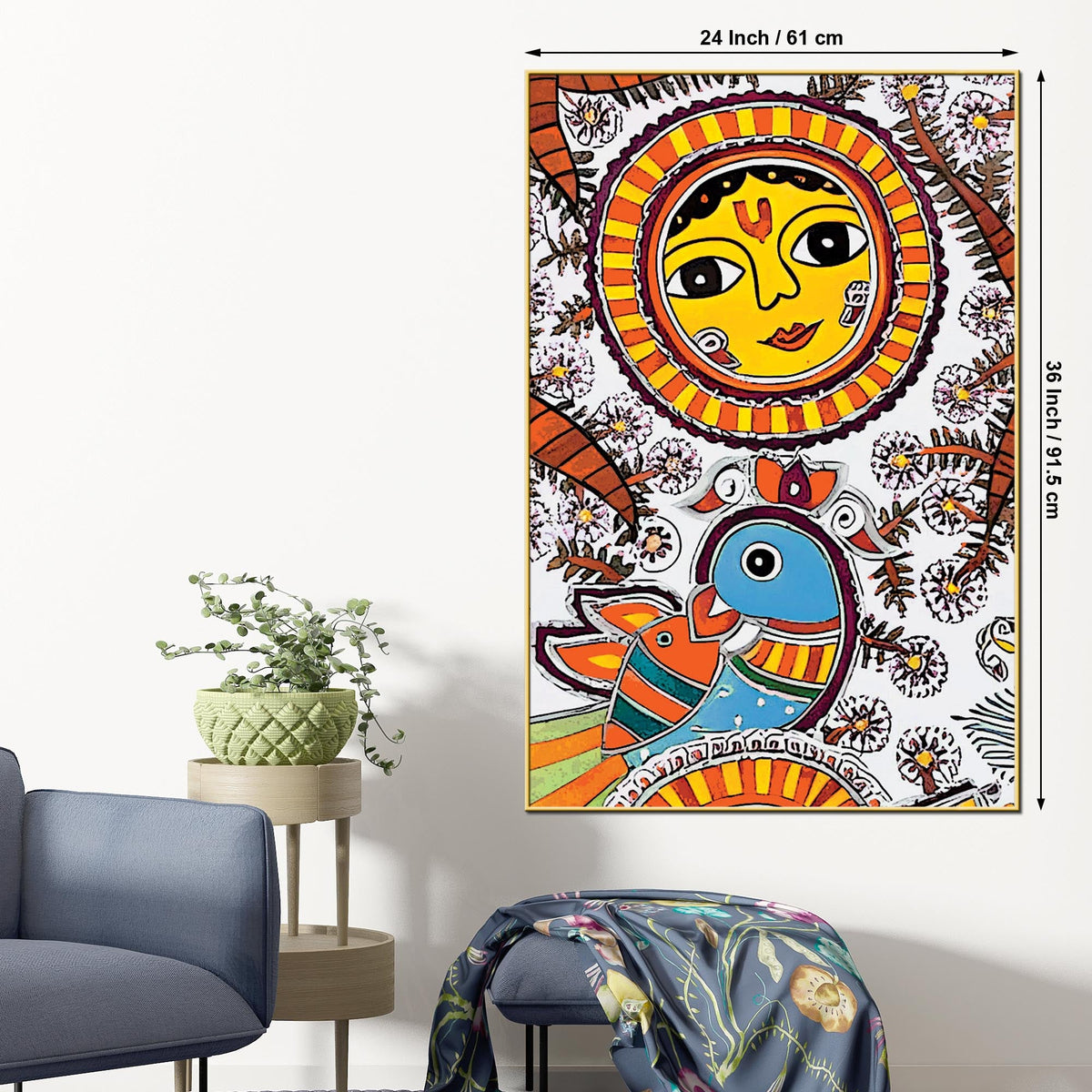 Traditional Madhubani Sun Canvas Painting | Home Wall Art