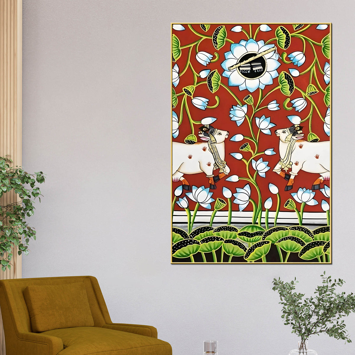 Traditional Pichwai Cow Lotus Canvas Wall Painting