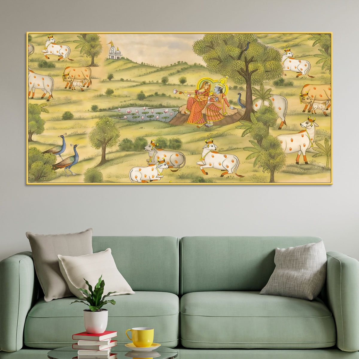Traditional Pichwai Radha Krishna with Kamdhenu Cows Painting – Ethnic Spiritual Wall Decor