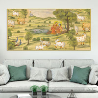 Traditional Pichwai Radha Krishna with Kamdhenu Cows Painting – Ethnic Spiritual Wall Decor