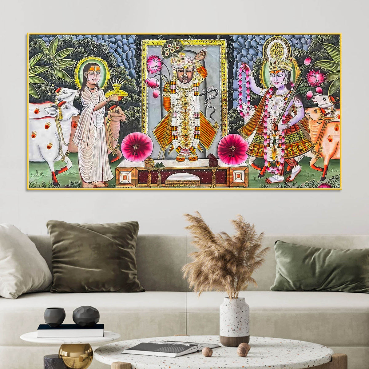 Traditional Shreenathji Temple Scene Pichwai Canvas Wall Painting