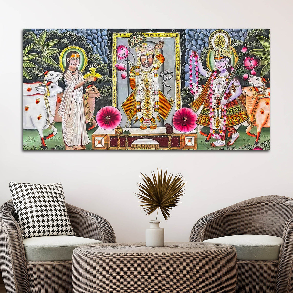 Traditional Shreenathji Temple Scene Pichwai Canvas Wall Painting