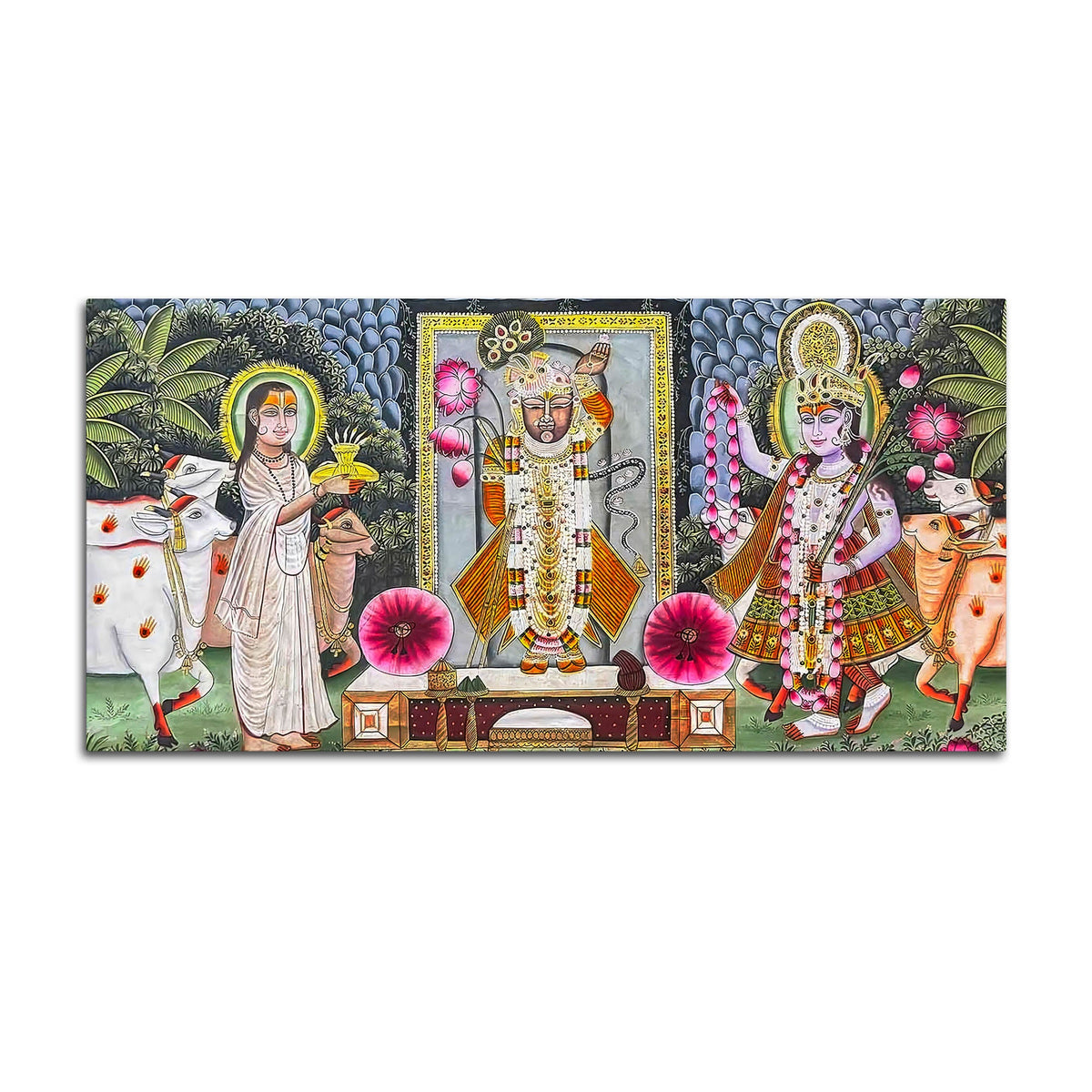 Traditional Shreenathji Temple Scene Pichwai Canvas Wall Painting