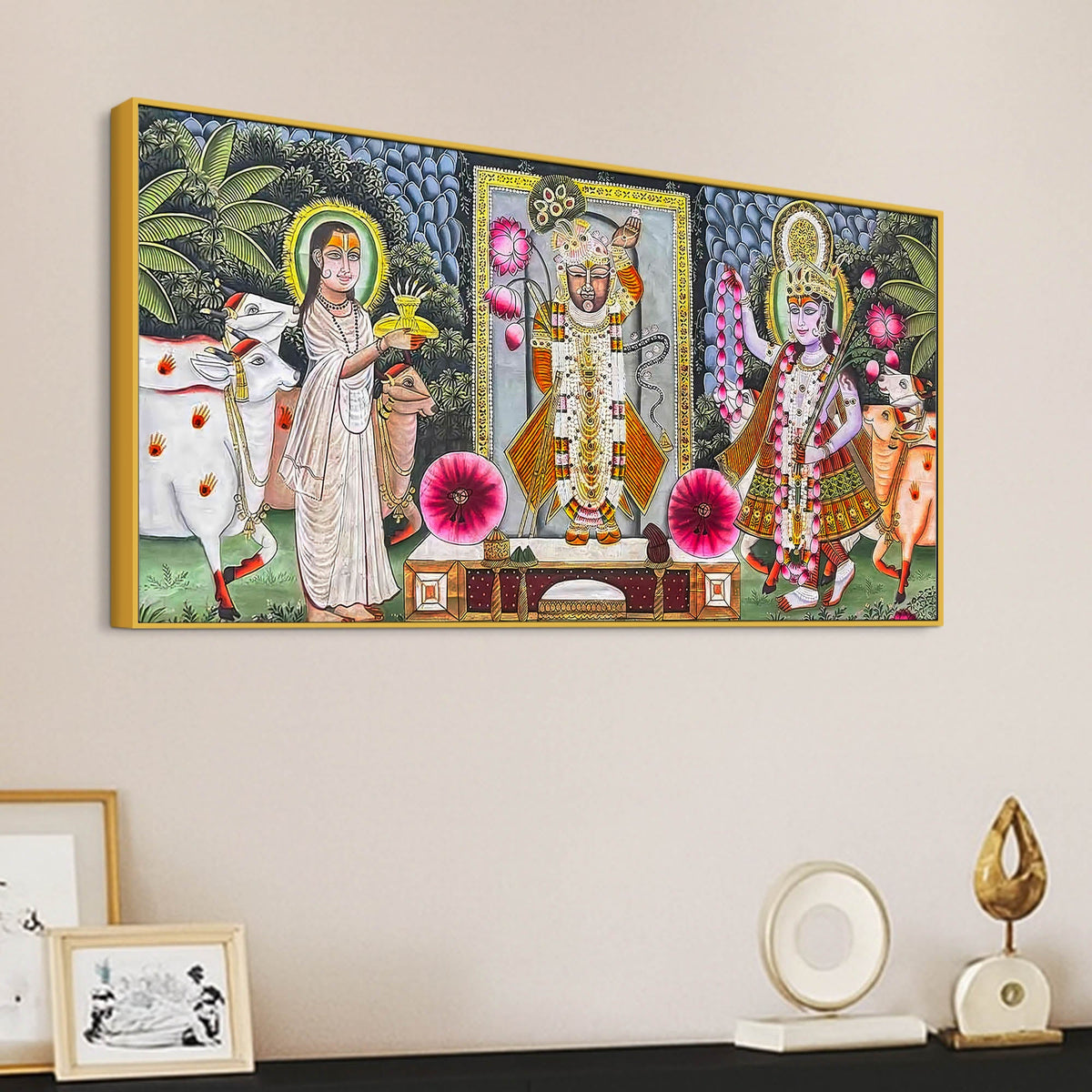 Traditional Shreenathji Temple Scene Pichwai Canvas Wall Painting
