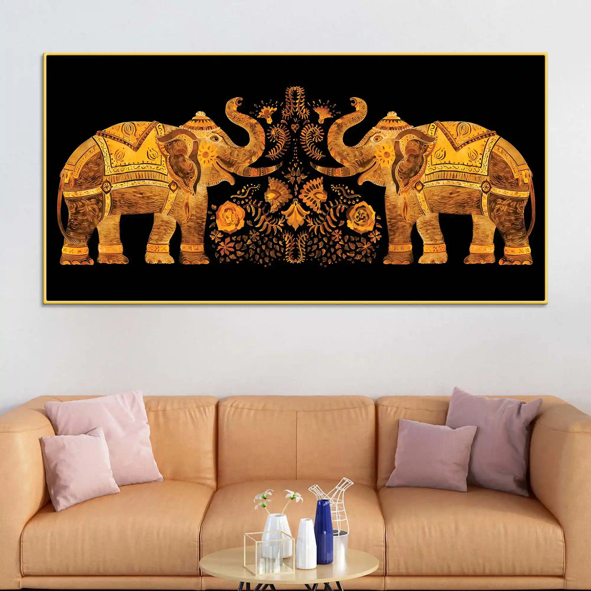 Traditional Style Twin Elephants with Floral Motif Canvas Wall Painting