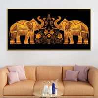 Traditional Style Twin Elephants with Floral Motif Canvas Wall Painting