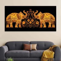 Traditional Style Twin Elephants with Floral Motif Canvas Wall Painting