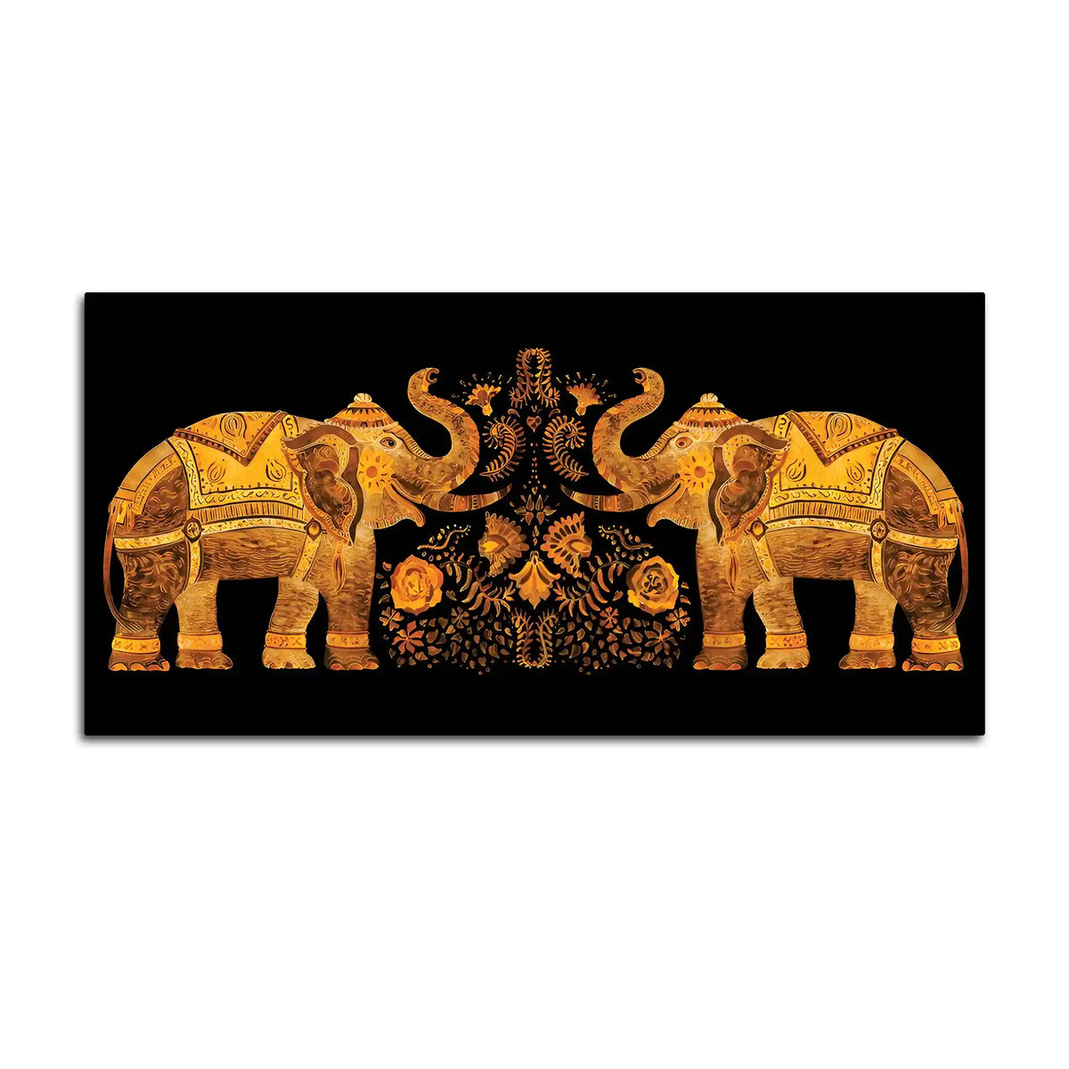 Traditional Style Twin Elephants with Floral Motif Canvas Wall Painting