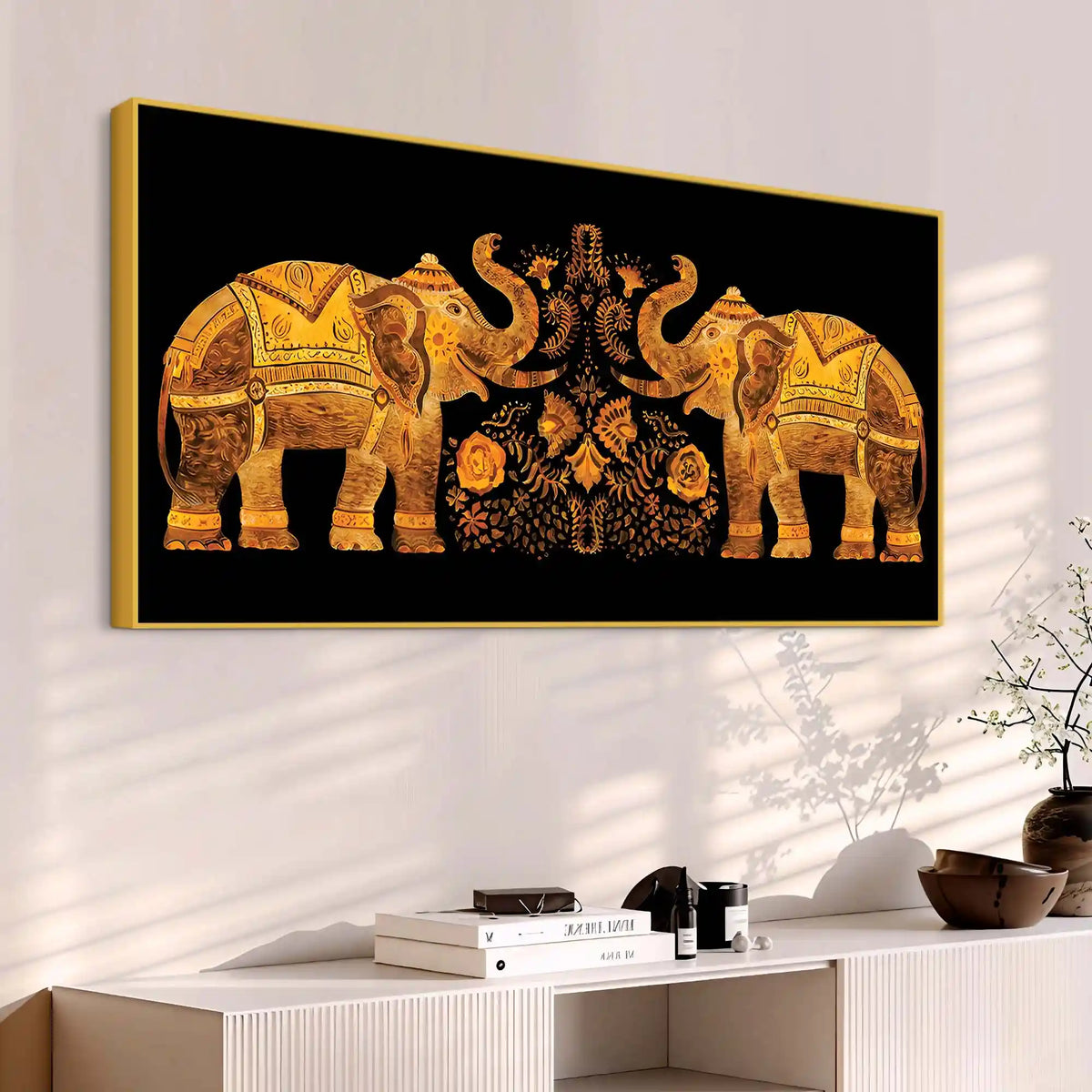 Traditional Style Twin Elephants with Floral Motif Canvas Wall Painting