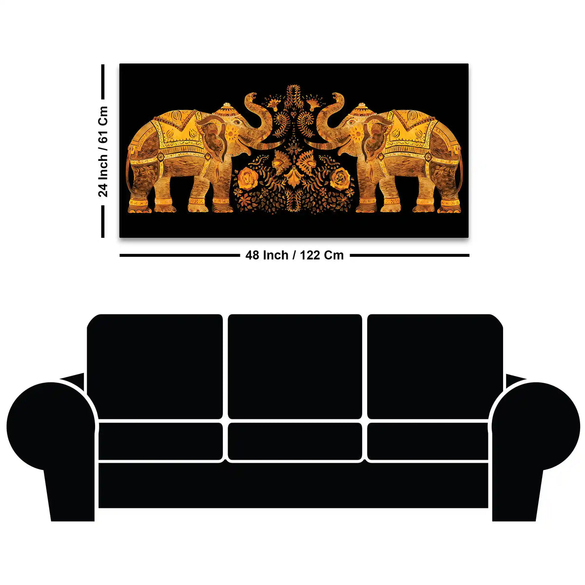 Traditional Style Twin Elephants with Floral Motif Canvas Wall Painting