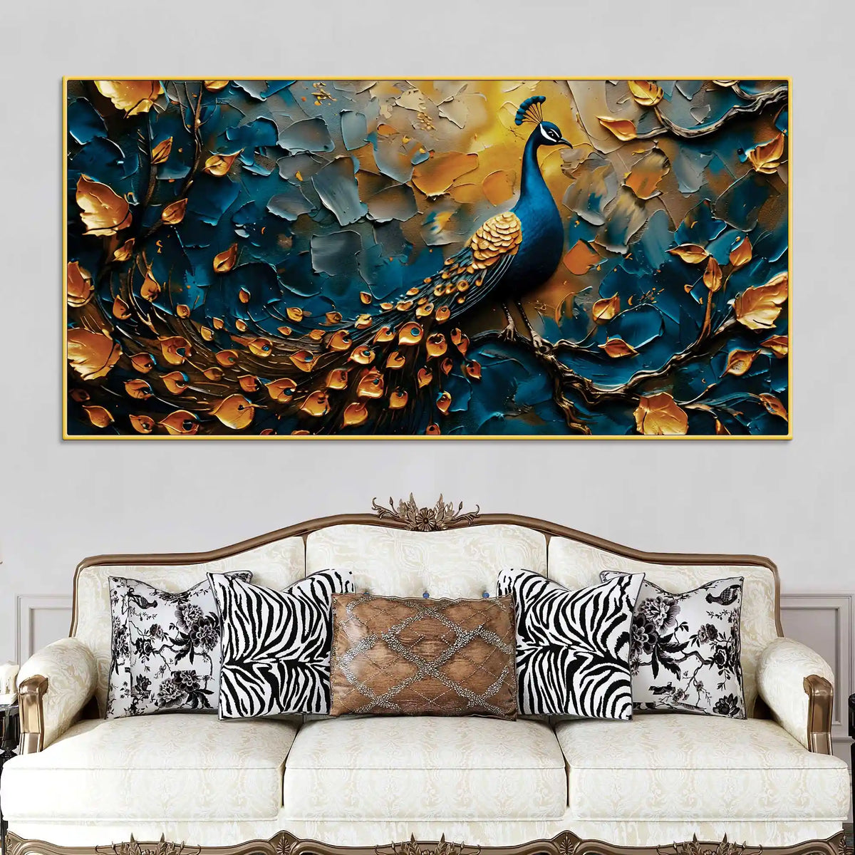 Tranquil Elegant Peacock Sitting On Branch Abstract Canvas Wall Painting