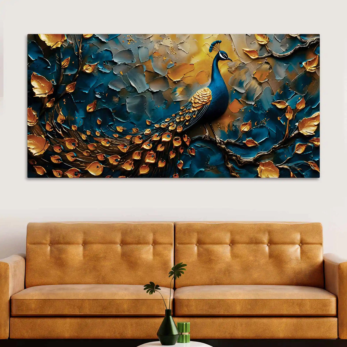 Tranquil Elegant Peacock Sitting On Branch Abstract Canvas Wall Painting