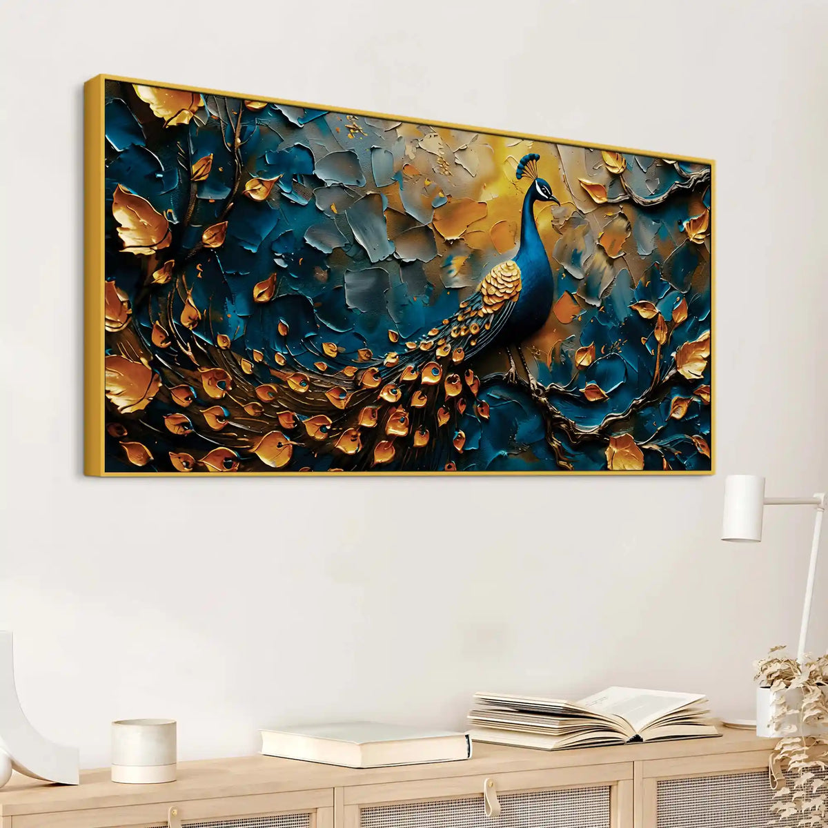 Tranquil Elegant Peacock Sitting On Branch Abstract Canvas Wall Painting