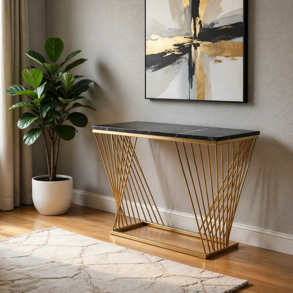 Trapezoid Design Console Table  with Golden Metal Finish