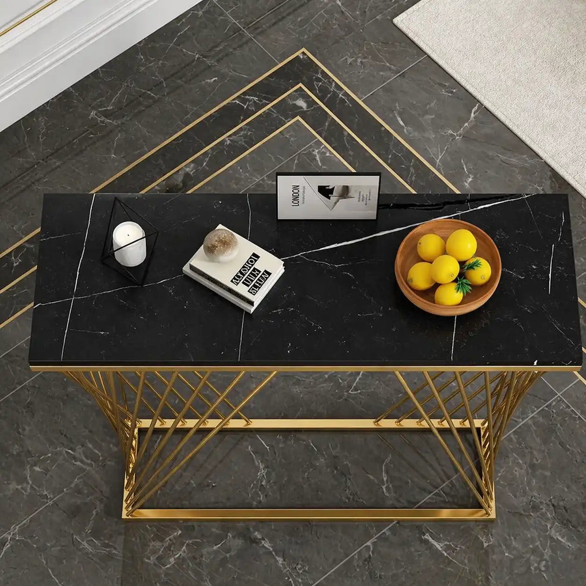 Trapezoid Design Console Table  with Golden Metal Finish