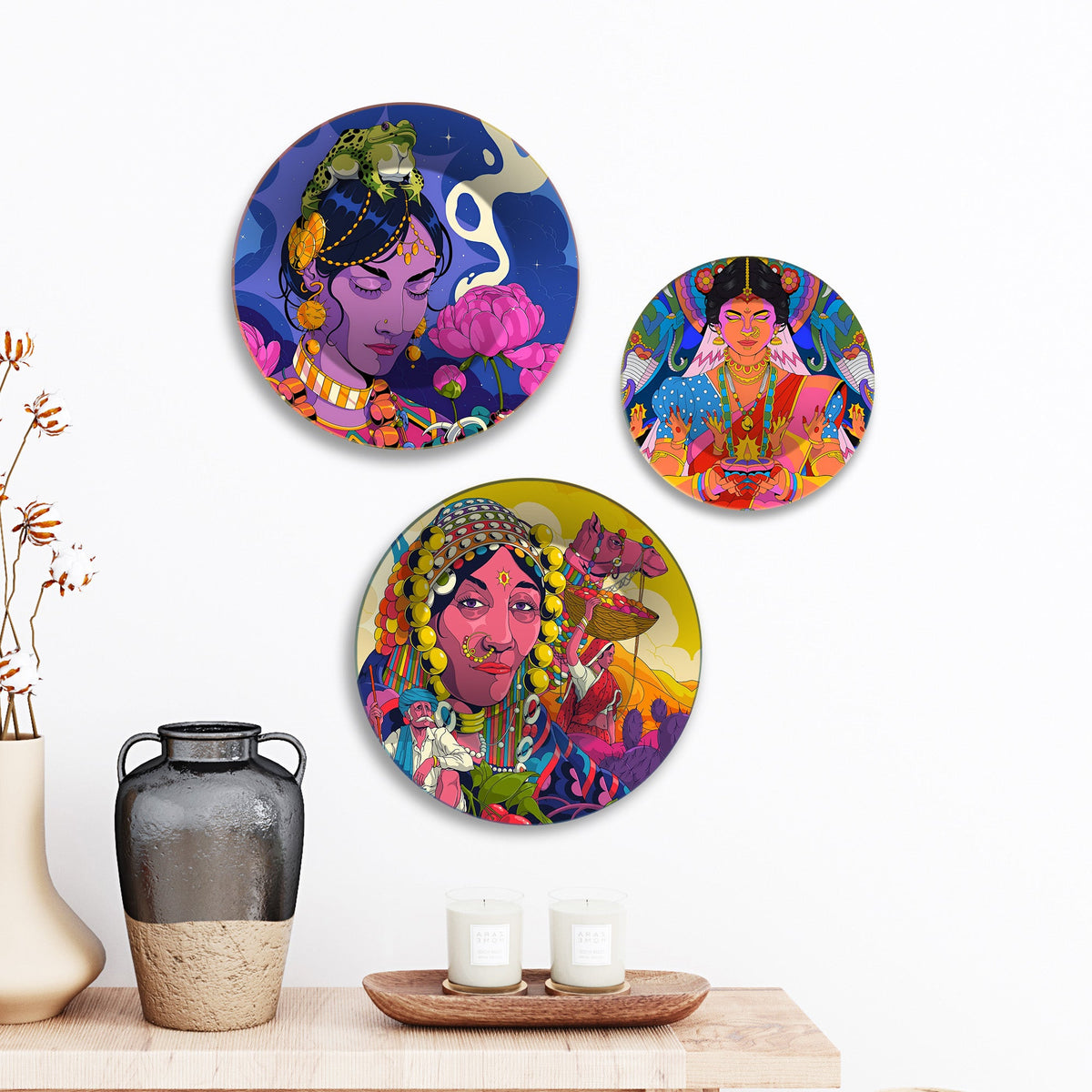 Tribal Queens Folk Fusion Premium Wall Plates Painting Set of 3