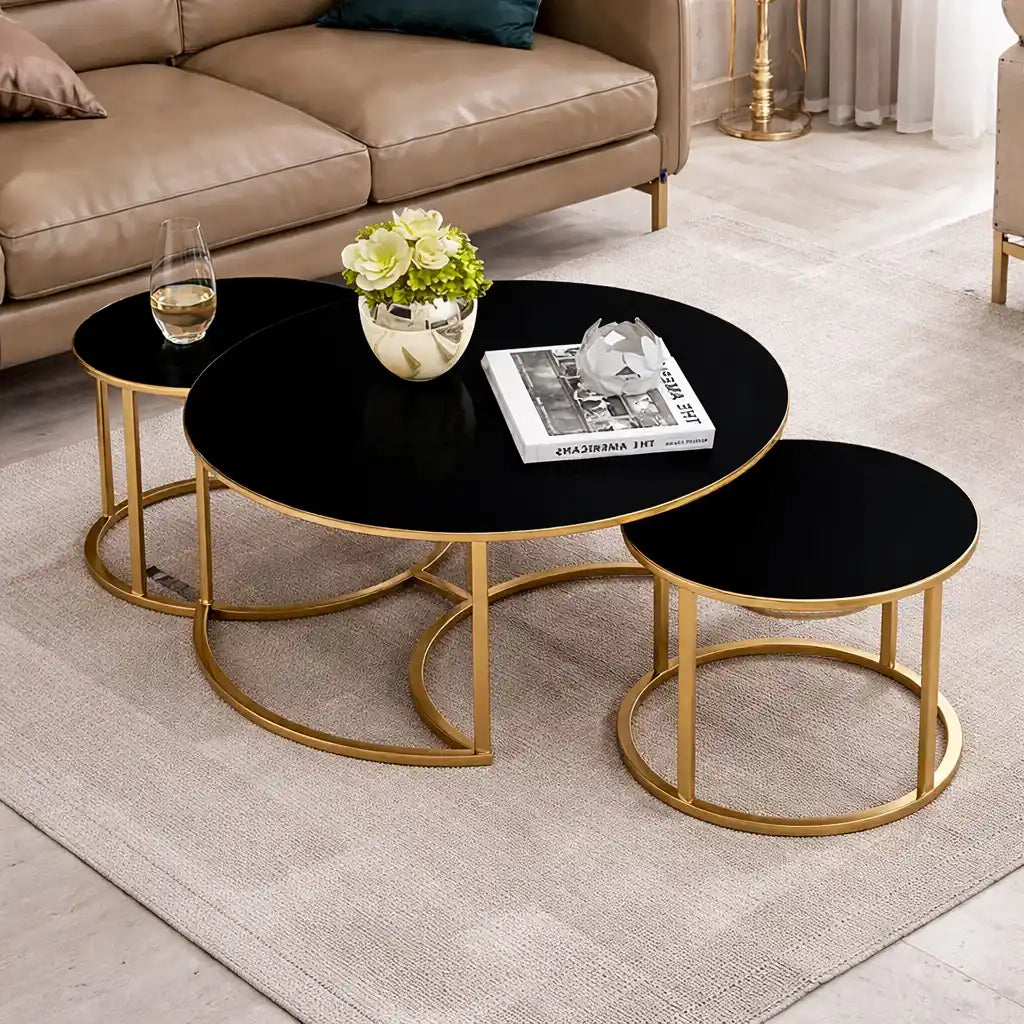 Trio Golden Nesting Tables with Black Marble Finish Set of 3
