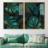 Tropical Monstera Leaves Acrylic Floating Wall Painting Set of 2