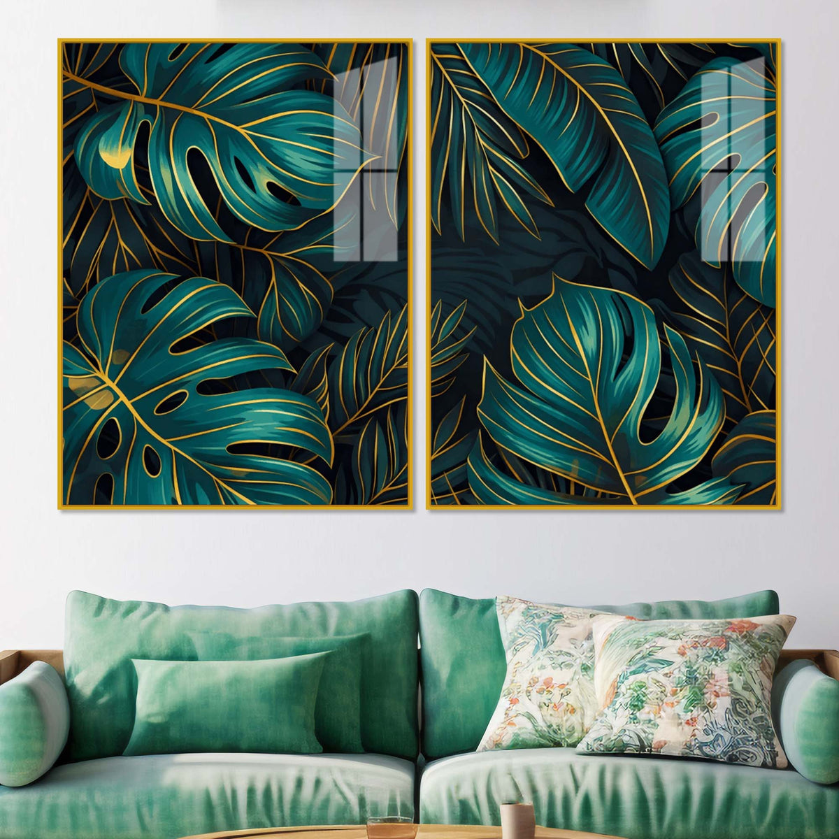 Tropical Monstera Leaves Acrylic Floating Wall Painting Set of 2
