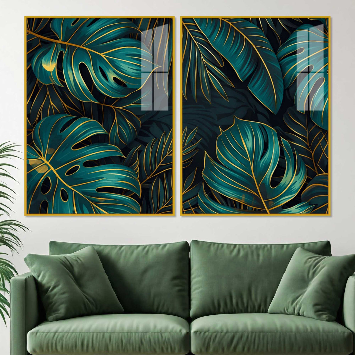 Tropical Monstera Leaves Acrylic Floating Wall Painting Set of 2
