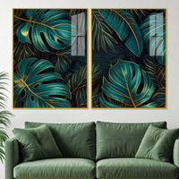 Tropical Monstera Leaves Acrylic Floating Wall Painting Set of 2