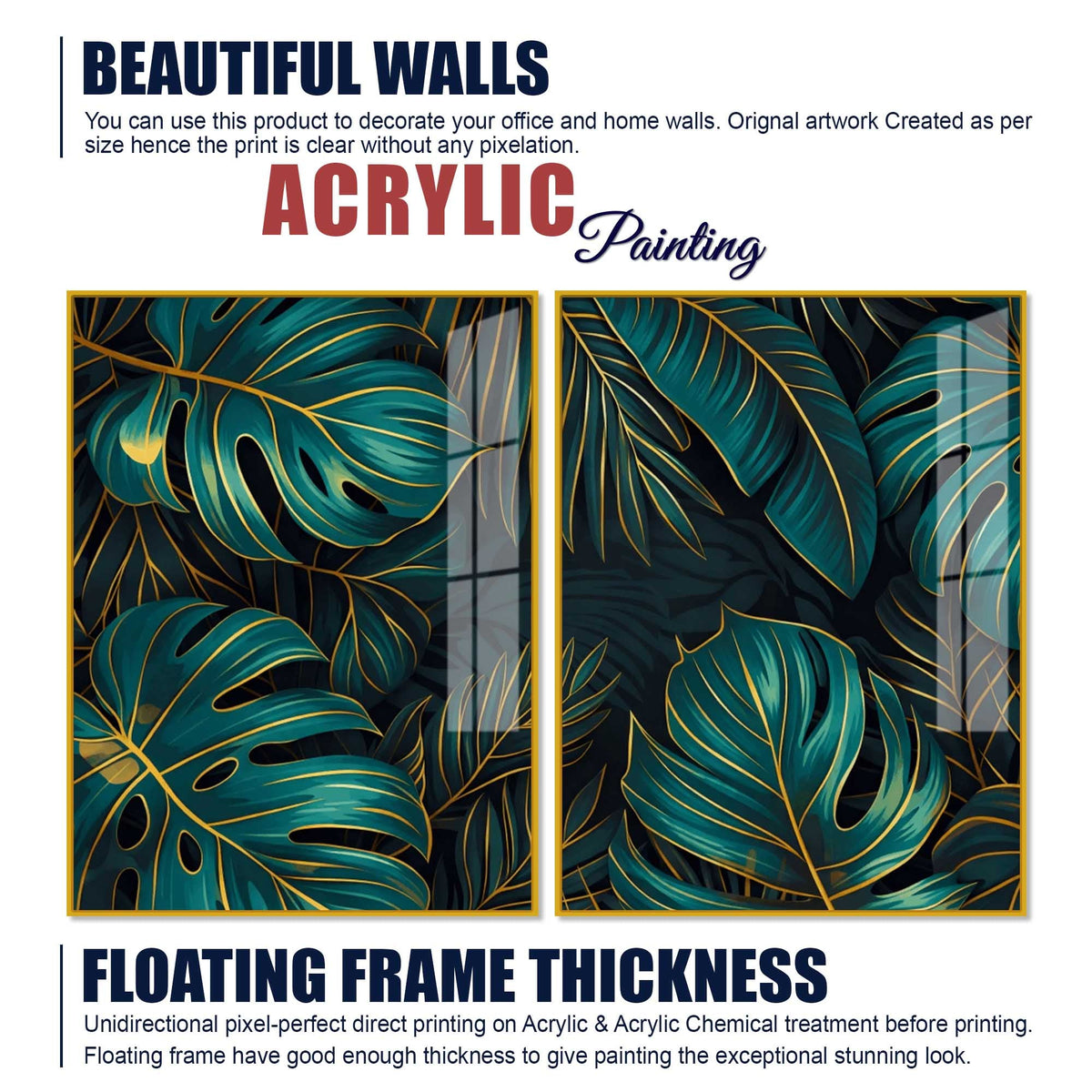 Tropical Monstera Leaves Acrylic Floating Wall Painting Set of 2