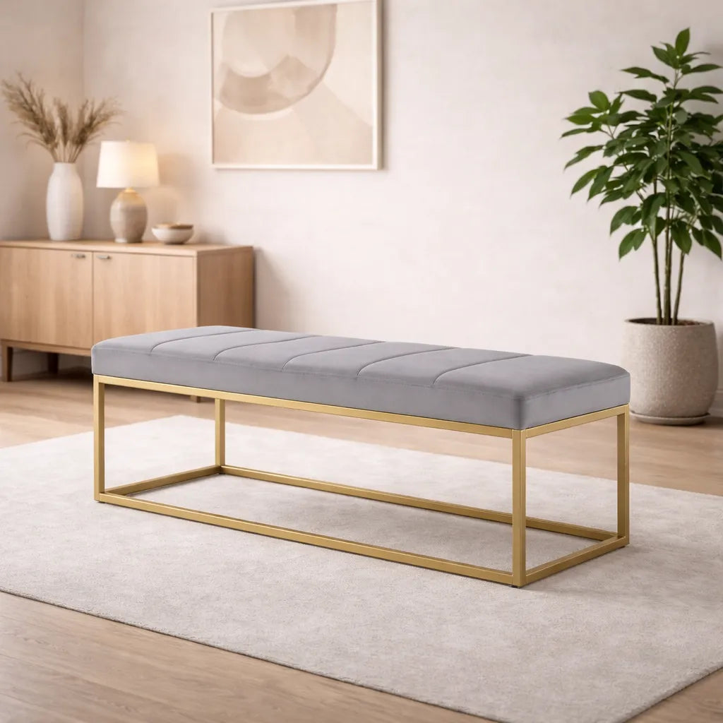 Tufted Rich Grey Velvet Bench with Sleek Gold Metal Legs Ottoman
