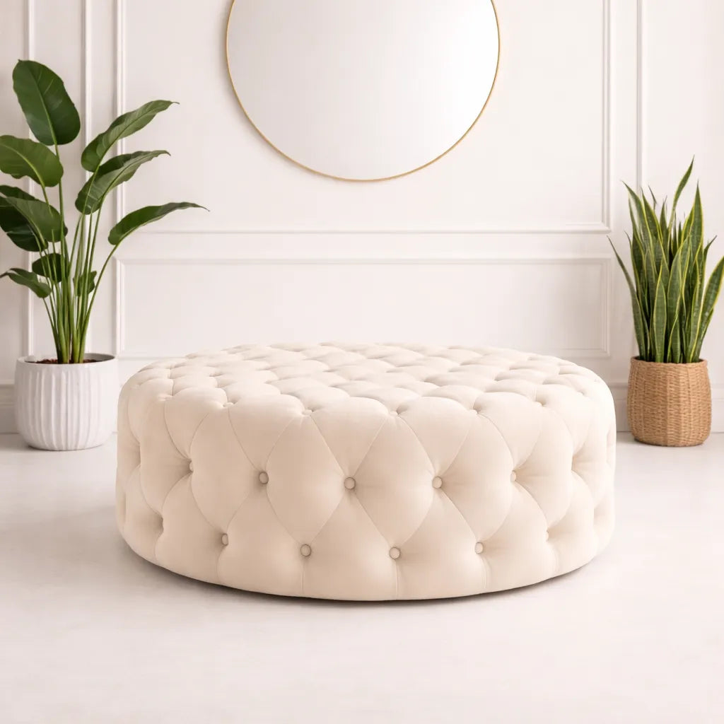 Tufted White Round Shape Velvet Ottoman