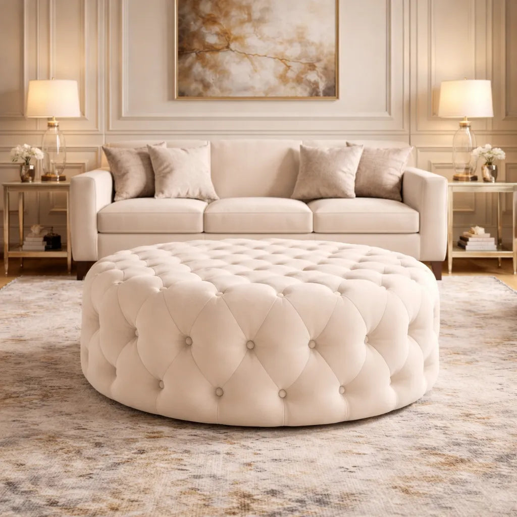 Tufted White Round Shape Velvet Ottoman