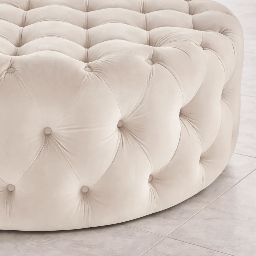Tufted White Round Shape Velvet Ottoman