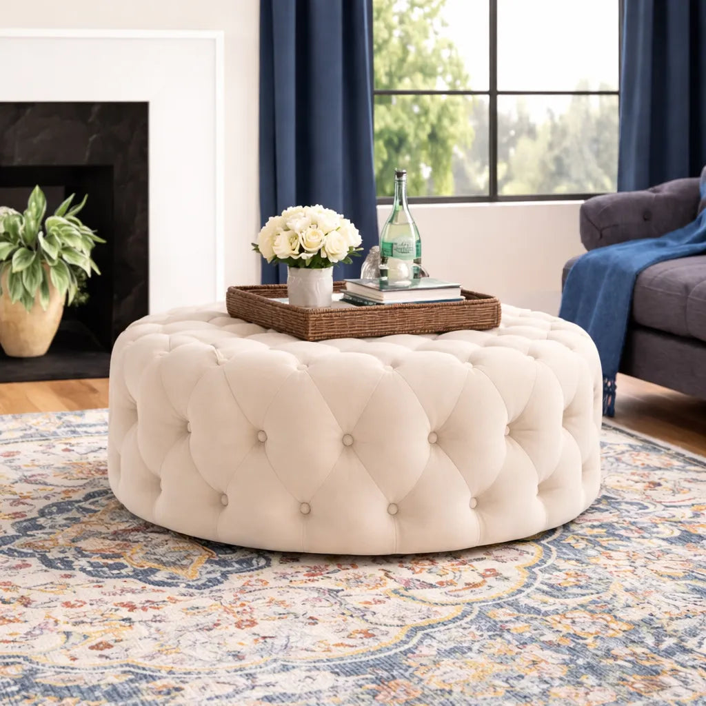 Tufted White Round Shape Velvet Ottoman