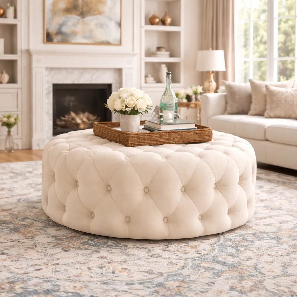 Tufted White Round Shape Velvet Ottoman