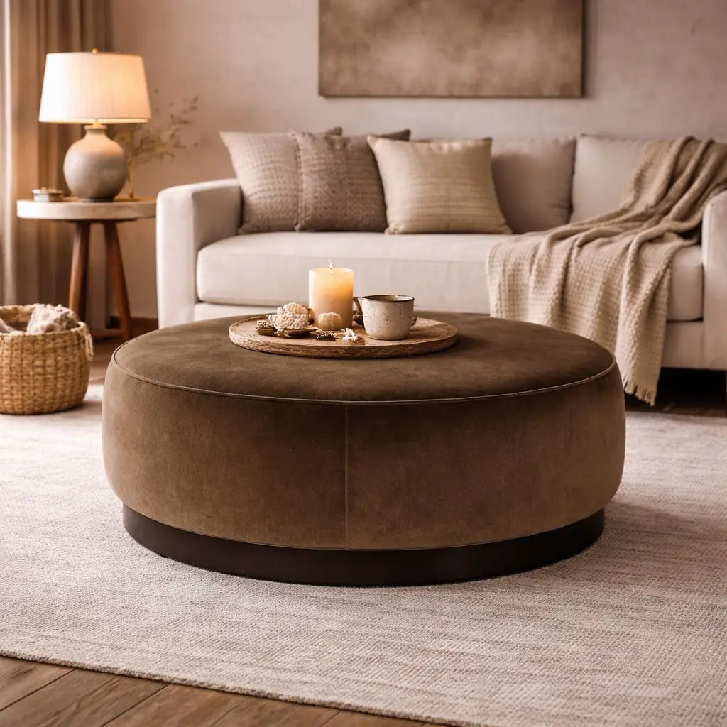Tufted Wide Round Standard Velvet Ottoman