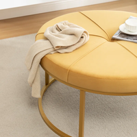 Tufted Wide Yellow Color Round Velvet Ottoman with Golden Metal Frame