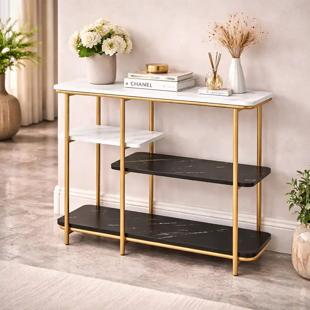Two Different Colored Surfaces Four-Tier White & Black Marble Gold Console Table