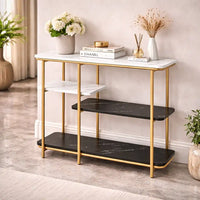 Two Different Colored Surfaces Four-Tier White & Black Marble Gold Console Table