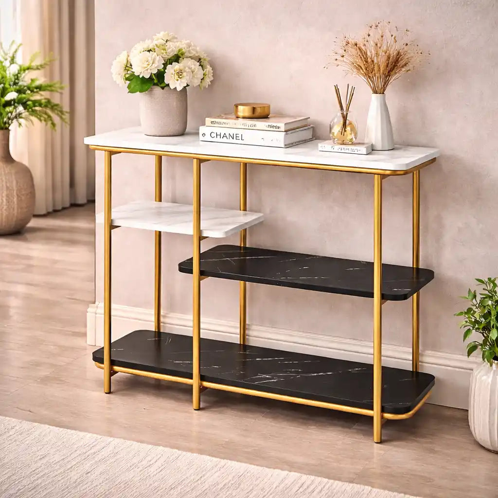 Two Different Colored Surfaces Four-Tier White & Black Marble Gold Console Table