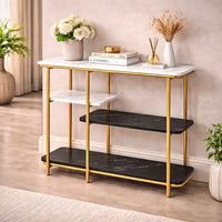 Two Different Colored Surfaces Four-Tier White & Black Marble Gold Console Table