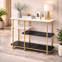 Two Different Colored Surfaces Four-Tier White & Black Marble Gold Console Table