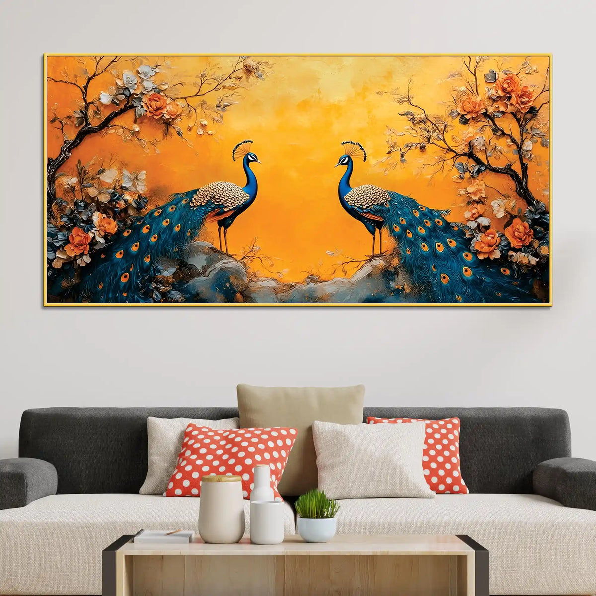 Two Marvellous Peacock Under a Golden Sky Canvas Wall Painting