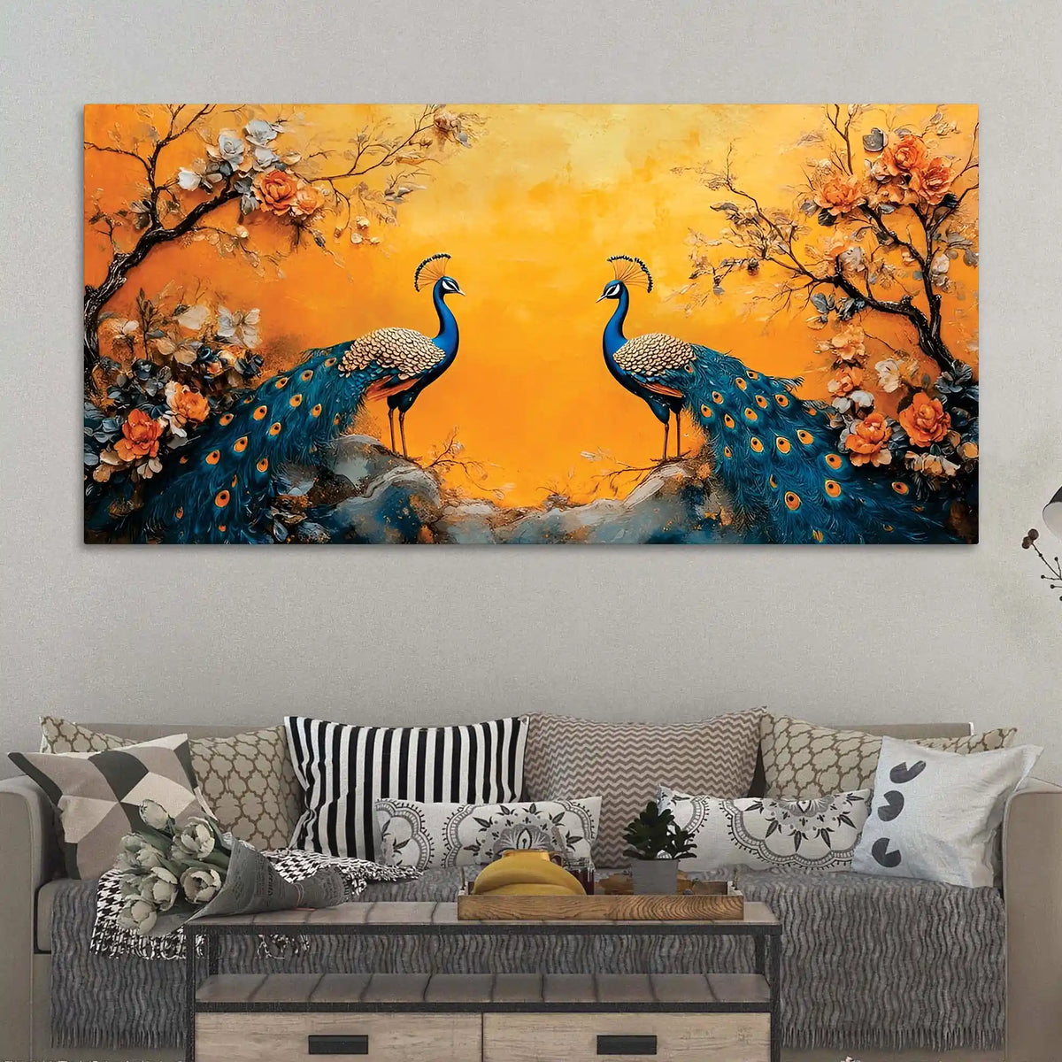 Two Marvellous Peacock Under a Golden Sky Canvas Wall Painting