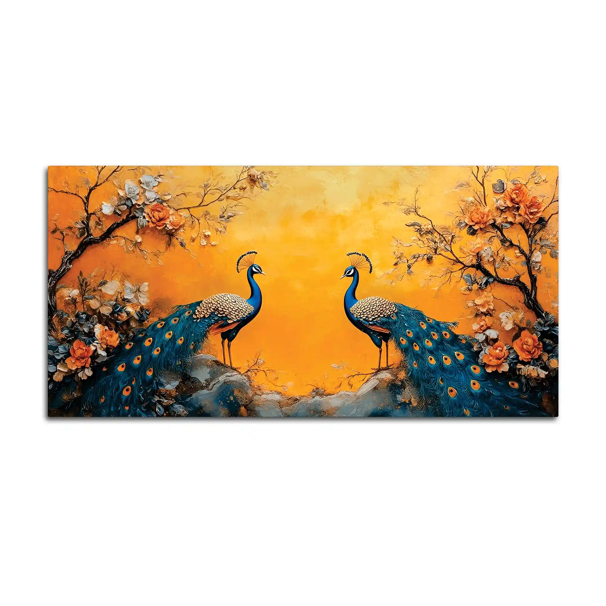 Two Marvellous Peacock Under a Golden Sky Canvas Wall Painting