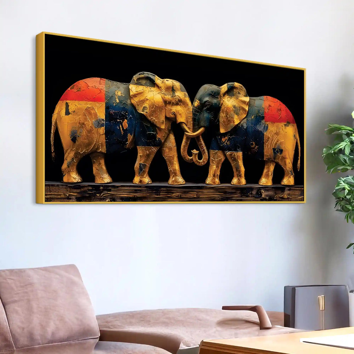Two Sophisticated Golden Elephant Premium Canvas Wall Painting