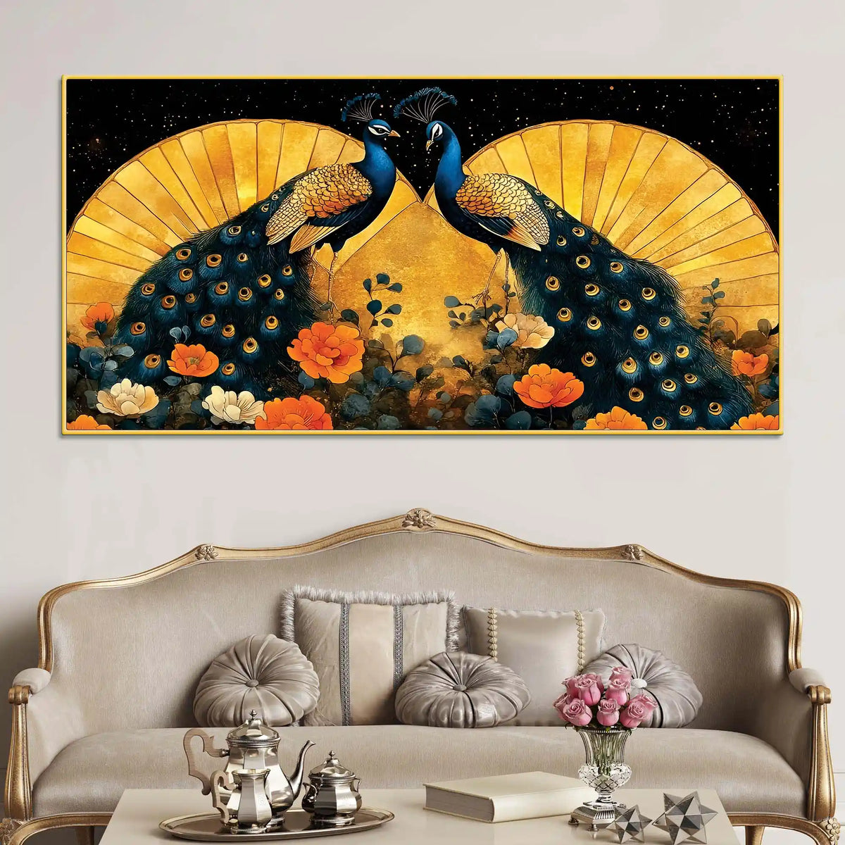 Two Sophisticated Peacocks in Bloom Canvas Wall Painting
